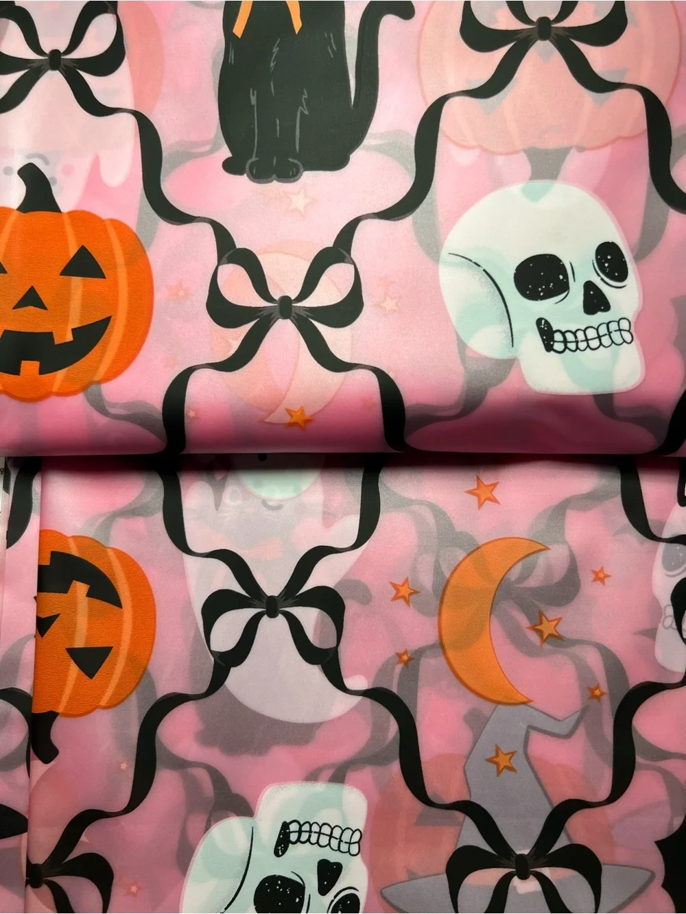 Pink Halloween Peva Shower Curtain Black Ribbon Bows Ghost Pumpkin Cat Witch Hat